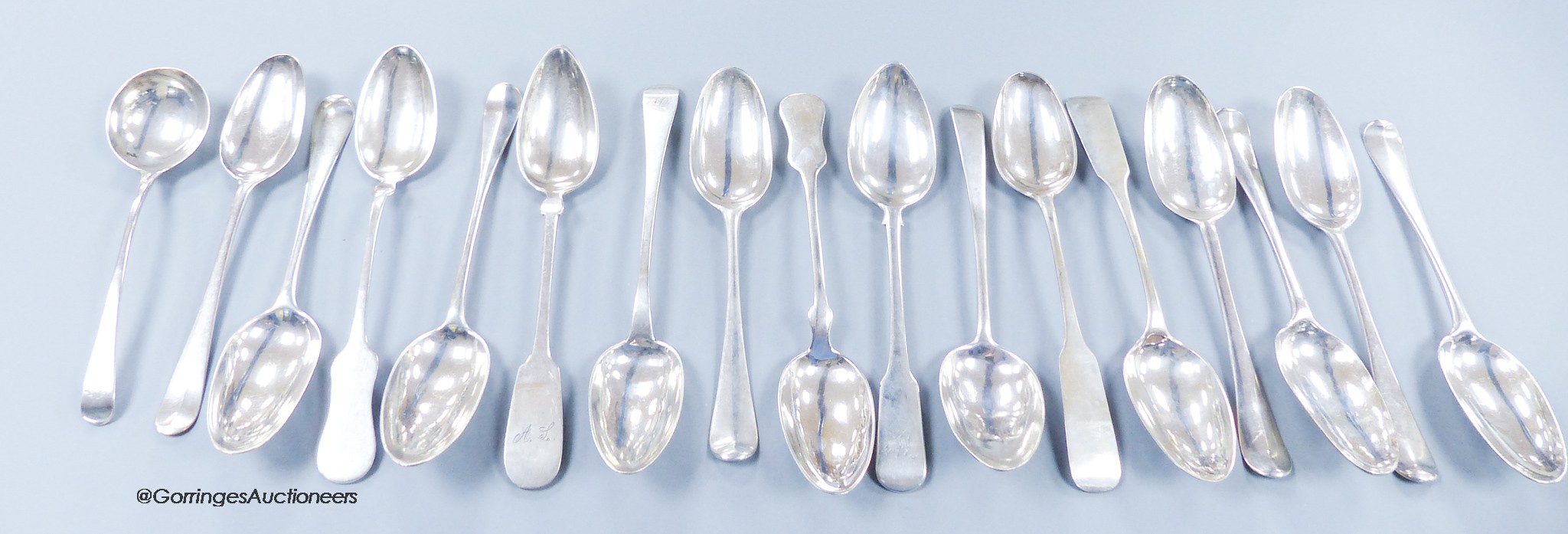 Ten assorted 18th century silver tablespoons and a similar sauce ladle, various pattern, dates and makers and six 19th century continental white metal tablespoons, gross 32.5oz.